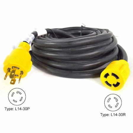 Superior Electric SJTW Extension Cord, 10 AWG, 10/4, 1 Outlets, L14-30R, Black/Yellow, L14-30P, 25 ft RVA1556